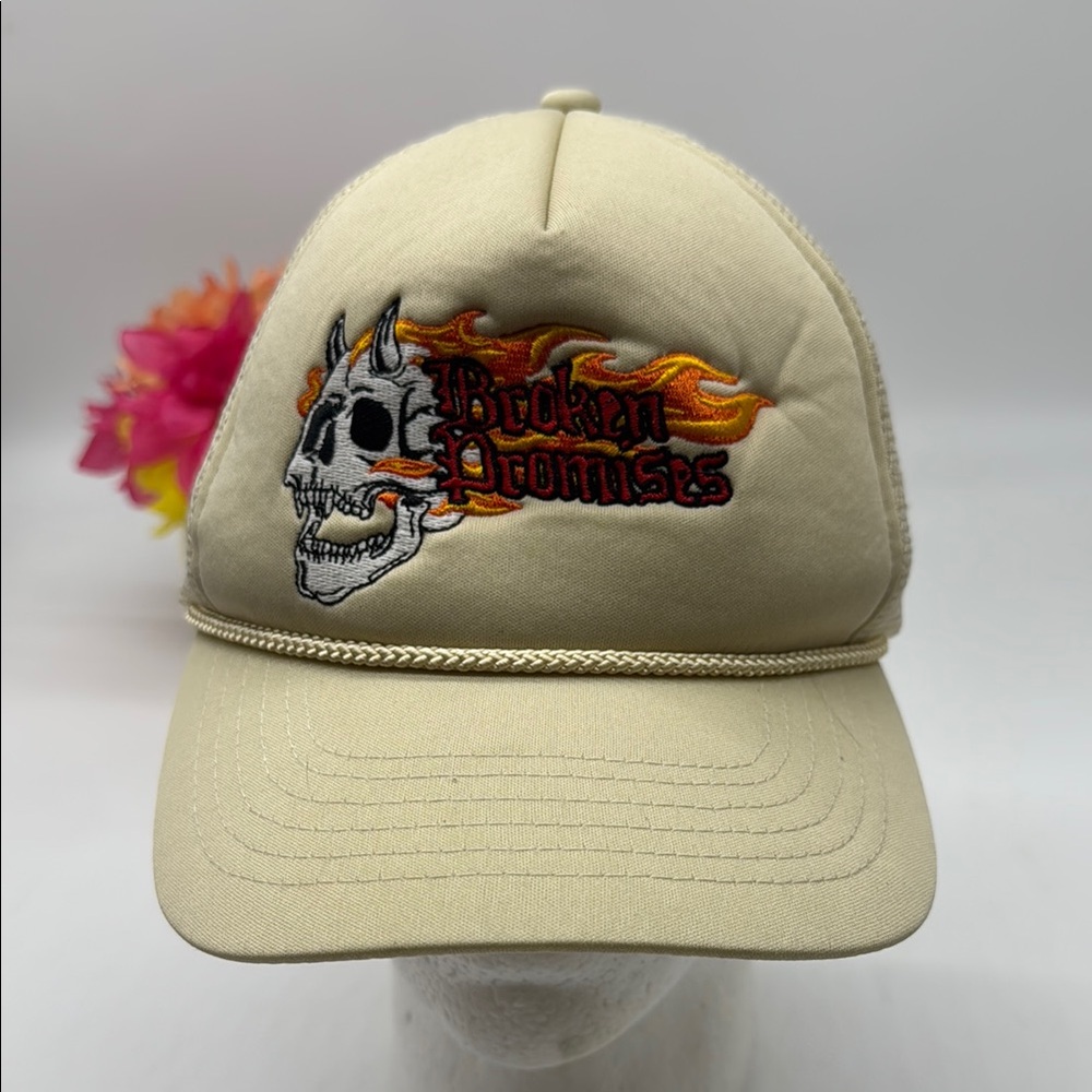 Broken Promises Tan and Orange Trucker Hat with Vintage Graphic
